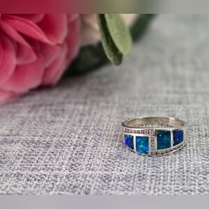 Vintage Designer TGI Opal Inlay Cubic Zirconia Sterling Silver Ring Size 7.25